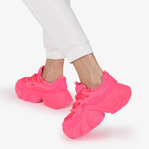 SNEAKERS din PIELE ECOLOGICA SI TEXTIL CU SIRETURI DUBLE SI TALPA INALTA CRL1287 ROZ - Img 2