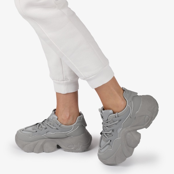 SNEAKERS din PIELE ECOLOGICA SI TEXTIL CU SIRETURI DUBLE SI TALPA INALTA CRL1287 GRI - Img 4