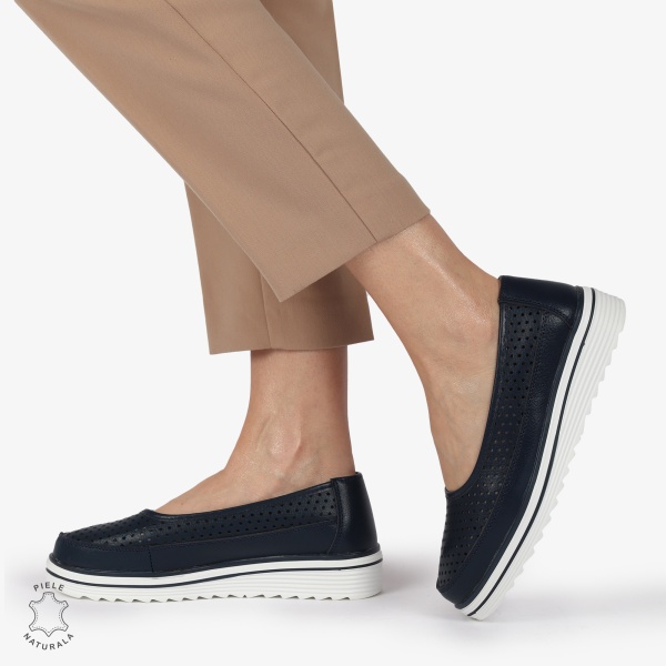 Balerini dama din Piele Naturala cu talpa groasa CRL0172 BLEUMARIN - Img 4