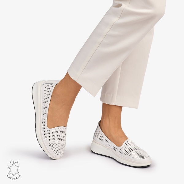 Balerini dama din Piele Naturala Perforata CRL1075 CULOARE: Alb - Img 3