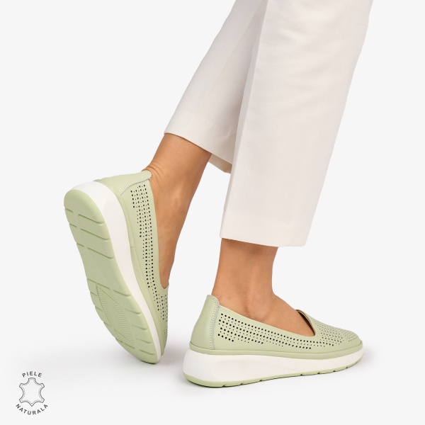 Balerini dama din Piele Naturala Perforata CRL1075 CULOARE: Verde - Img 4