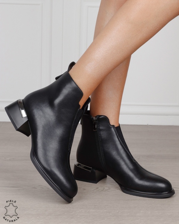 Botine damă din piele naturală cu elastic frontal CRL1882 NEGRU - Img 2