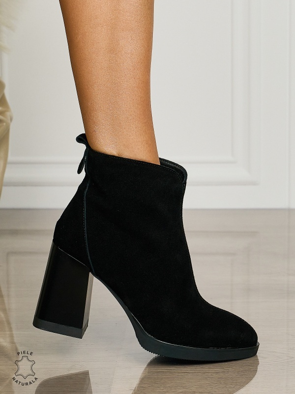 Botine DAMA din PIELE NATURALA CU TOC GROS CRL1496 Negru Suede - Img 2
