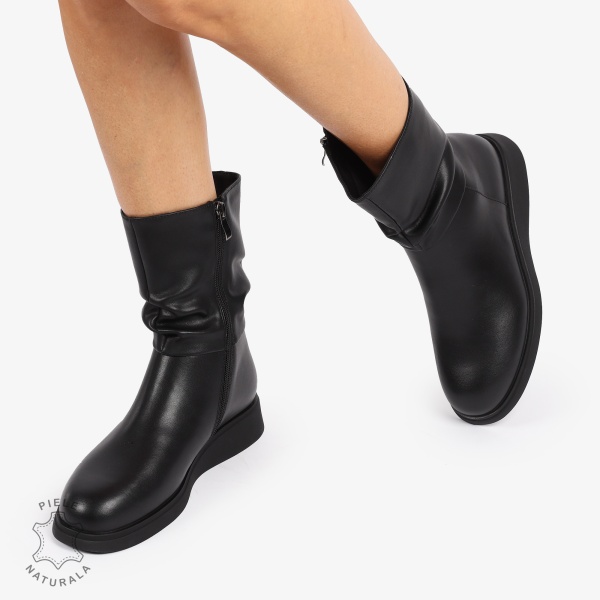 Cizme dama piele naturala scurte cu talpa plata si Detaliu Lateral CRL1256 NEGRU - Img 3