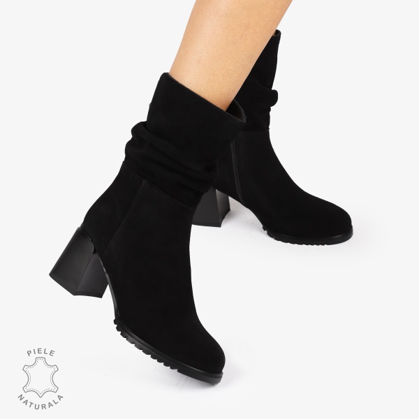 CIZME PIELE NATURALA INTOARSA cu toc Gros CRL1246 NEGRU - Img 2