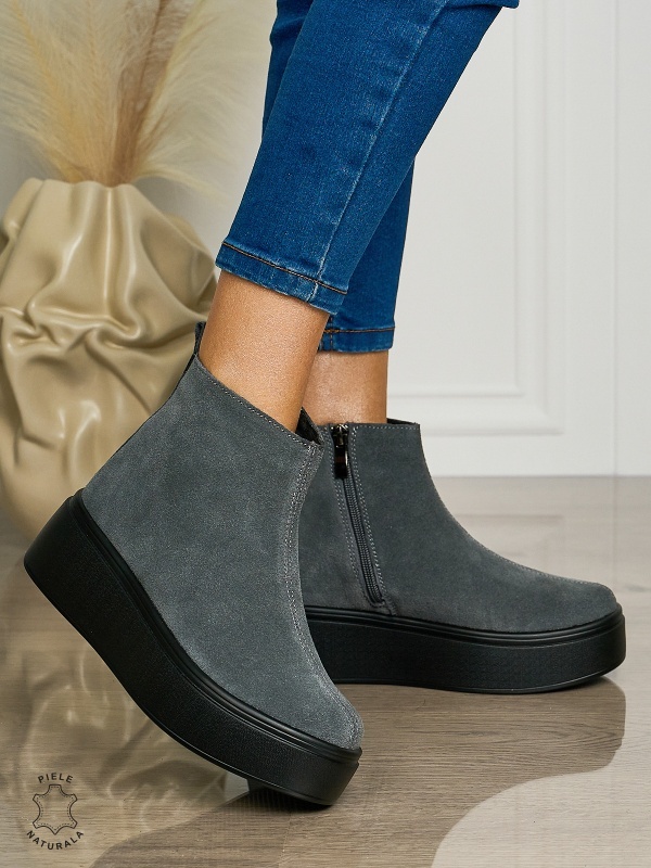 Ghete casual din piele naturală intoarsa cu talpa solida cu fermoar CRL1511 DKGRI - Img 2