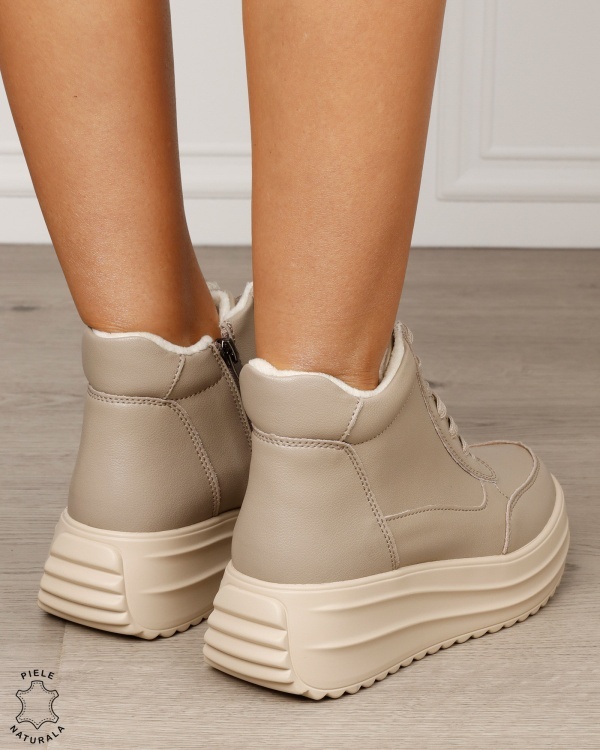 Ghete damă din piele naturală cu șiret și fermoar lateral CRL1891 KHAKI - Img 3