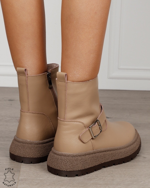 Ghete damă din piele naturală cu talpă înaltă și cataramă CRL1890 KHAKI - Img 3