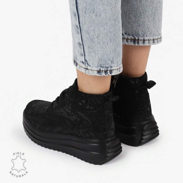 GHETE DAMA piele naturala INTOARSA cu IMPRIMEU SARPE CRL1309 Negru - Img 4