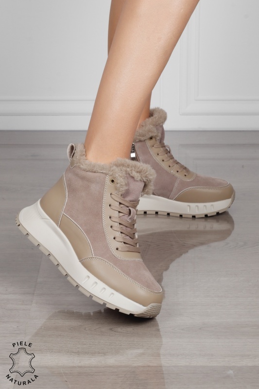 GHETE DAMA scurte din PIELE Naturala Combinata cu Piele intoarsa CRL1528 khaki - Img 2