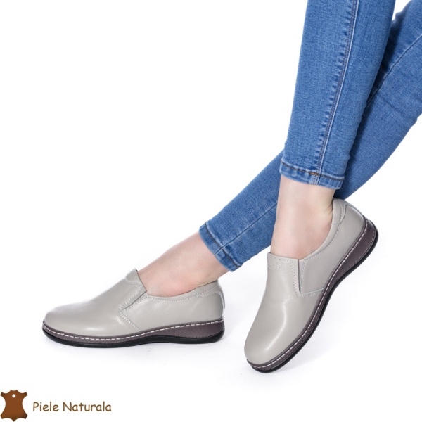Mocasini dama din piele naturala cu talpa plata CRL0014 GRI - Img 2