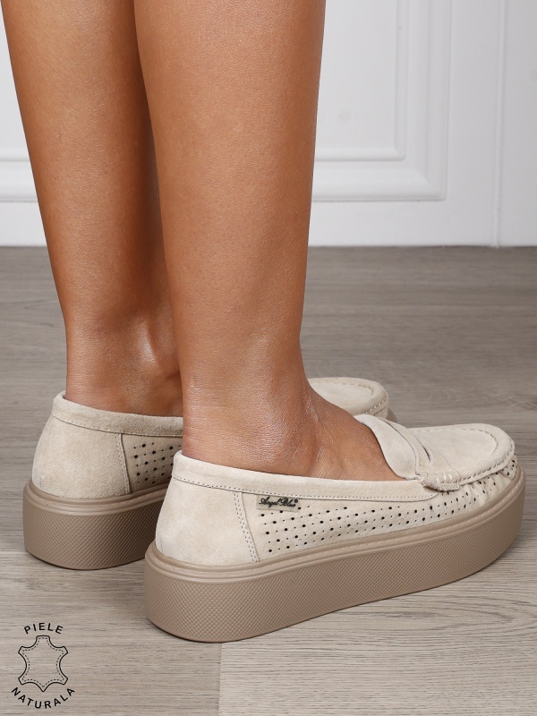 MOCASINI damă din piele naturală intoarsa cu talpa inalta CRL1580 BEJ - Img 3