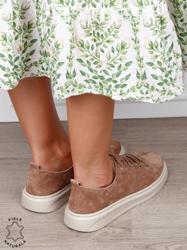 Pantofi casual damă din piele întoarsă naturală cu detaliu decorativ frontal CRL1821 KHAKI - Img 3
