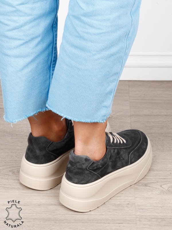 Pantofi casual damă din piele întoarsă naturală cu siret CRL1822 GRI - Img 3