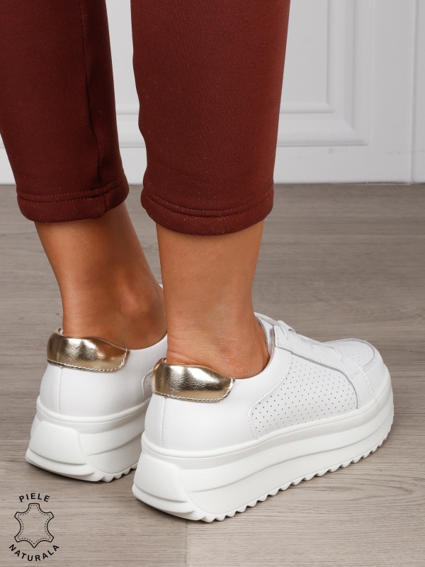 Pantofi Casual damă din piele naturală confortabile CRL1572 ALB CU AURIU - Img 3