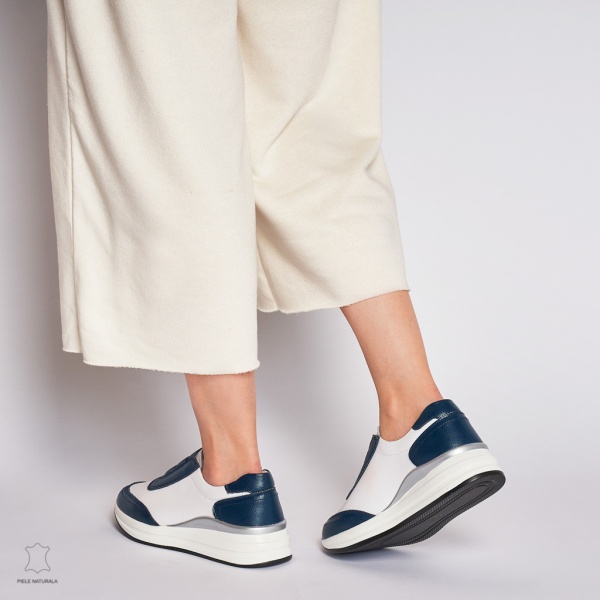 Pantofi Casual dama din Piele naturala CRL1233 CU INCHIDERE ELASTIC BLEUMARIN CU ALB - Img 4