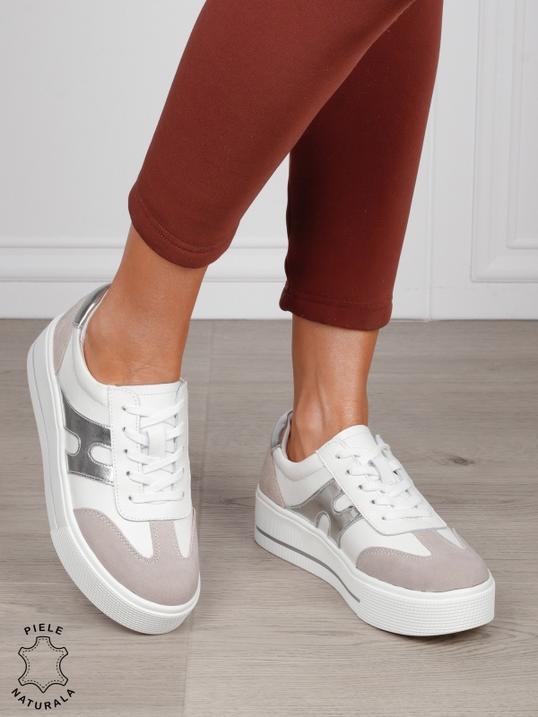 Pantofi Casual damă din piele naturală cu model lateral CRL1569 ALB - Img 2