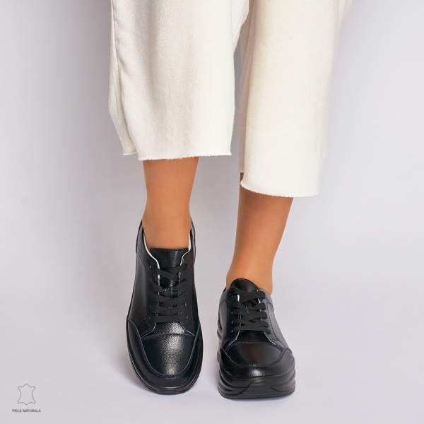 Pantofi Casual dama din Piele naturala cu talpa groasa CRL0039 negru - Img 2