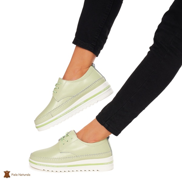 Pantofi Casual dama din Piele naturala cu talpa groasa CRL0053 VERDE - Img 3