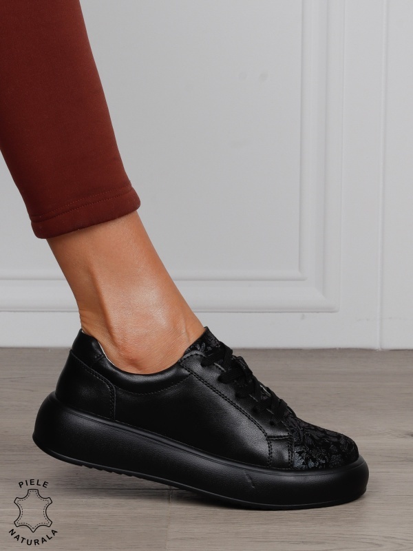 Pantofi Casual damă din piele naturală cu talpa inalta CRL1571 NEGRU - Img 2
