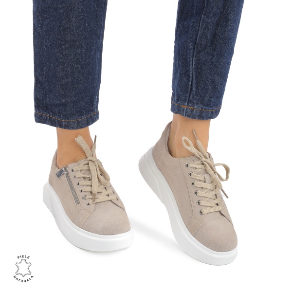 Pantofi Casual DAMA din PIELE Naturala Intoarsa CRL0940 CULOARE: Bej - Img 2