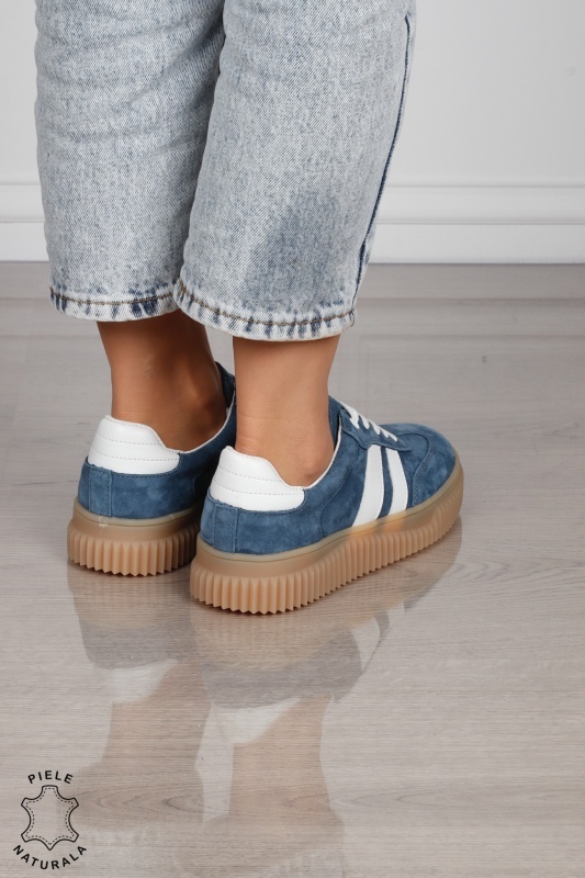 Pantofi Casual DAMA din Piele Naturala intoarsa, Model Retro CRL1531ALBASTRU - Img 4