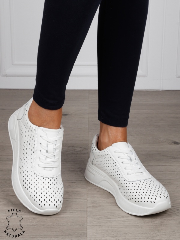 Pantofi Casual dama din Piele Naturala mici perforati CRL1541 ALB - Img 2