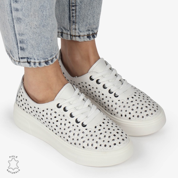 Pantofi Casual dama din Piele naturala PERFORAT USORI CU SIRET CRL1341 ALB - Img 3