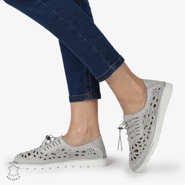 PANTOFI CASUAL dama din Piele naturala PERFORATA CU MODEL CRL1356 GRI - Img 3