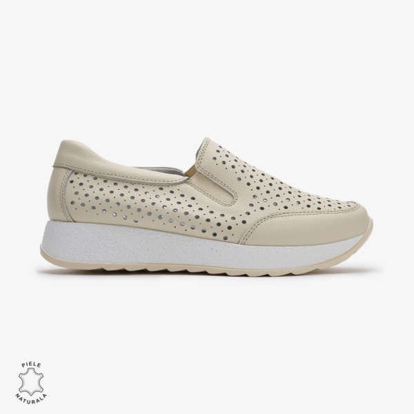 Pantofi Casual dama din Piele Naturala Perforati CRL0711 BEJ - Img 2