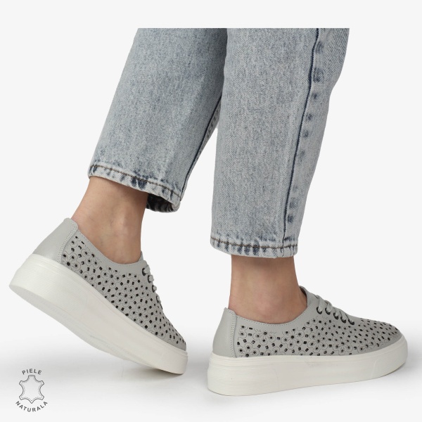 Pantofi Casual dama din Piele naturala PERFORATI USORI CU SIRET CRL1341 GRI - Img 3