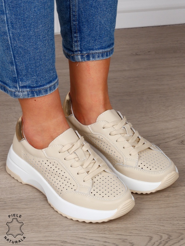 PANTOFI CASUAL Dama Piele Naturala cu mici perforati confortabile CRL1596 BEJ - Img 2