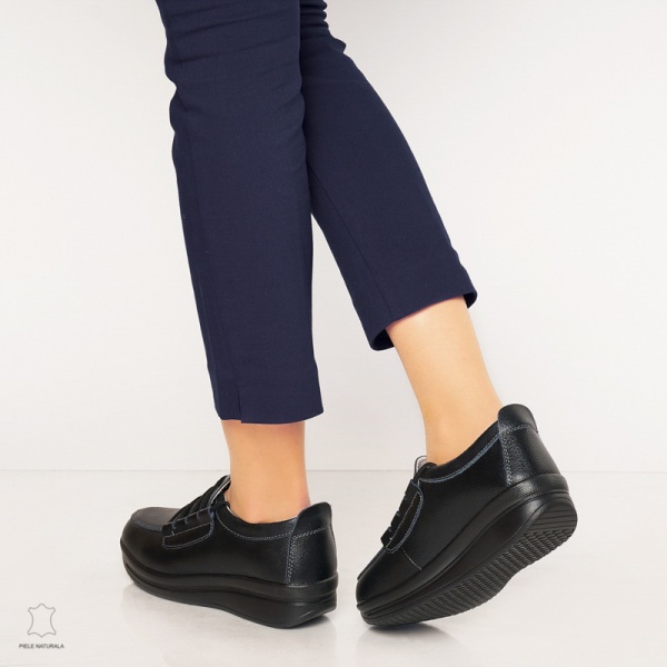 Pantofi casual de dama din piele naturala cu talpa groasa CRL0005 Negru - Img 4