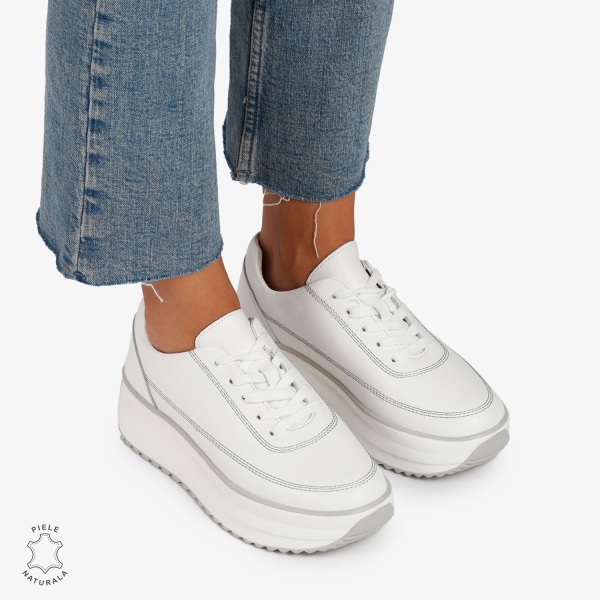 Pantofi Casual de dama din Piele Naturala cu talpa Inalta CRL1201 ALB - Img 2
