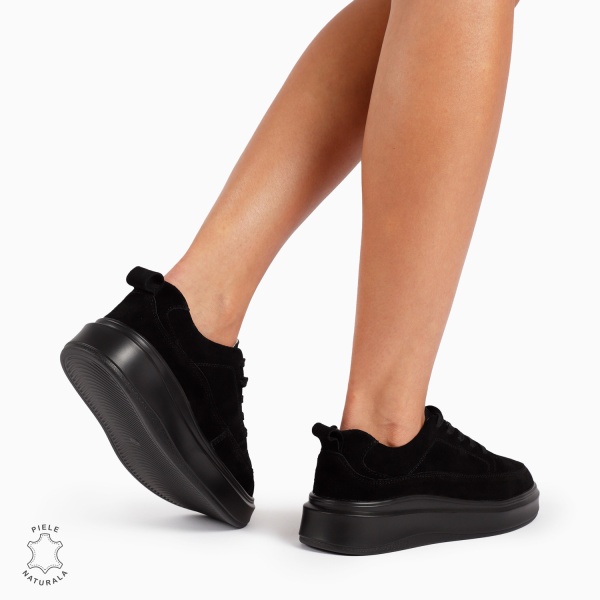 Pantofi Casual de dama din Piele Naturala INTOARSA CU TALPA INALTA CRL1210 NEGRU - Img 3