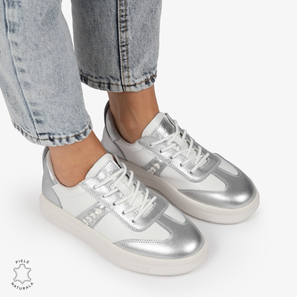 Pantofi CASUAL PIELE NATURALA CU INCHIDERE SIRET CRL1295 ALB CU ARGINTIU - Img 3