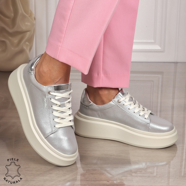 Pantofi CASUAL PIELE NATURALA CU SIRET CRL1449 ARGINTIU - Img 2