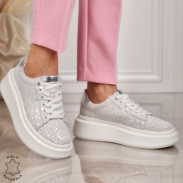 Pantofi CASUAL PIELE NATURALA CU SIRET CRL1450 ALB cu argintiu - Img 3