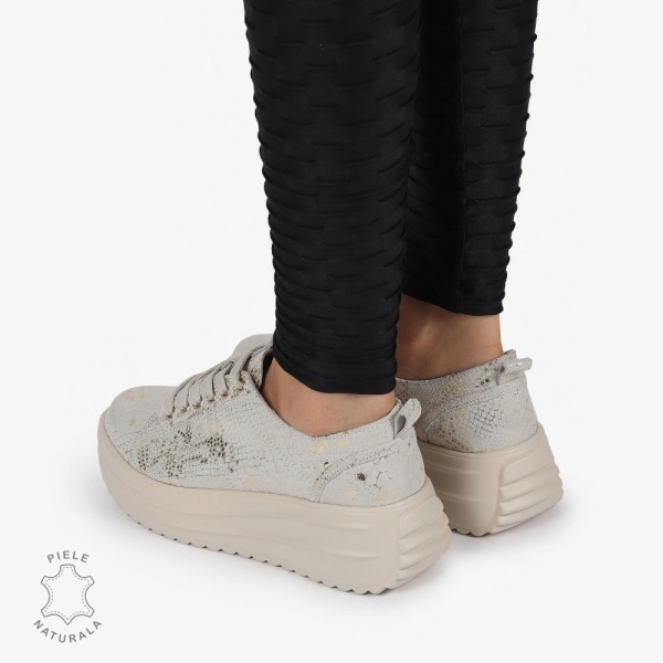 Pantofi casual piele naturala Intoarsa cu INCHIDERE SIRET CRL1306 BEJ - Img 4