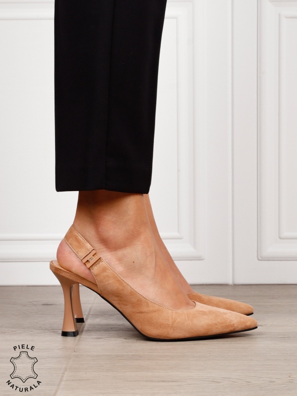 Pantofi dama eleganti cu toc special si varf ascutit din piele naturala intoarsa CRL1612 BEJ - Img 2