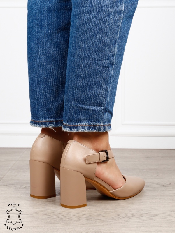 Pantofi dama eleganti din piele naturala cu bareta si toc gros CRL1634 Khaki - Img 4