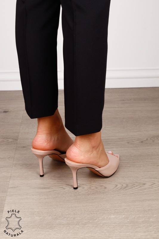 Pantofi dama eleganti din piele naturala lacuita cu varf decupat CRL1632 BEJ - Img 4