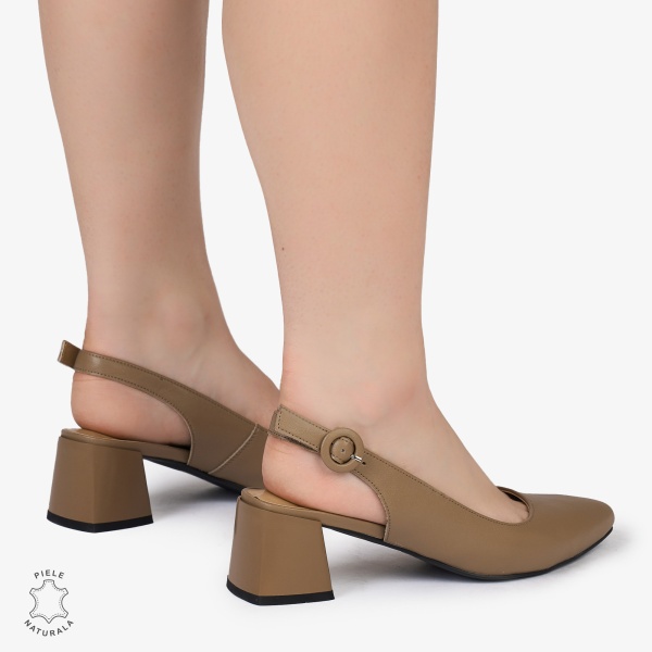 PANTOFI ELEGANTI dama din Piele Naturala CU TOC MIC CRL0988 KHAKI - Img 3