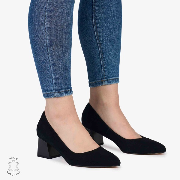 Pantofi Eleganți dama din Piele Naturala INTOARSA CU TOC MIC CRL0981 NEGRU - Img 2