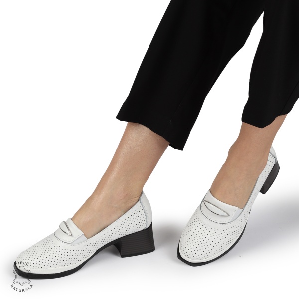 PANTOFI ELEGANTI DIN PIELE NATURALA CU TOC MIC CRL01383 ALB - Img 2