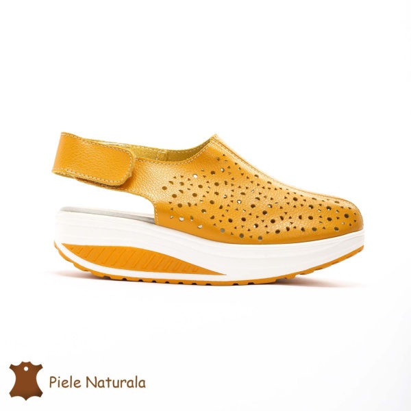 Pantofi Perforati dama din Piele Naturala cu talpa inalta CRL0186 GALBEN - Img 2
