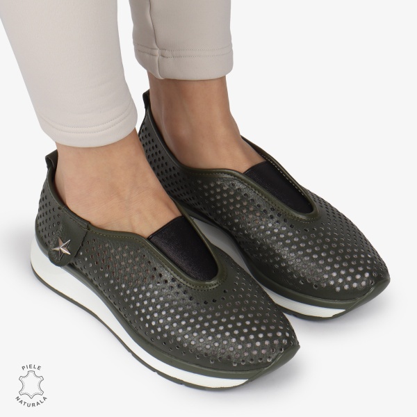Pantofi Perforati Dama Piele naturală CRL0098 VERDE INCHIS - Img 2