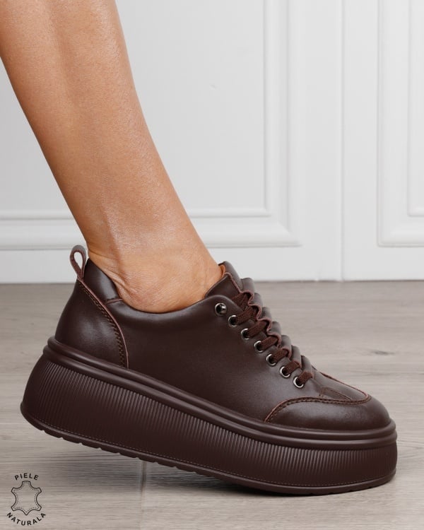 Pantofi sport damă din piele naturală cu șiret special CRL1880 CAFENIU - Img 2