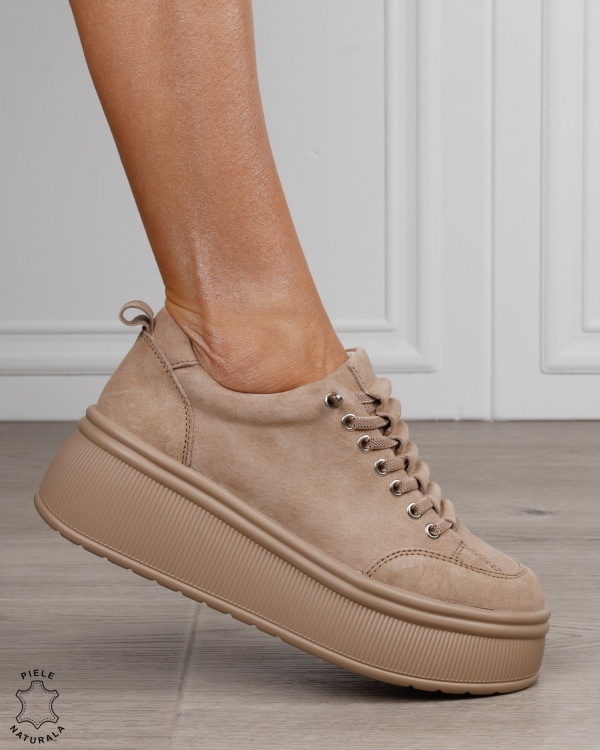 Pantofi sport damă din piele naturală Intoarsa cu șiret special CRL1880 KHAKI - Img 2