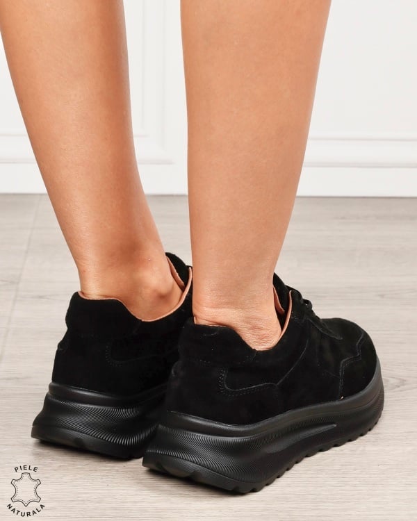 Pantofi sport damă din piele naturală Intoarsa cu talpă înaltă CRL1864 NEGRU - Img 3